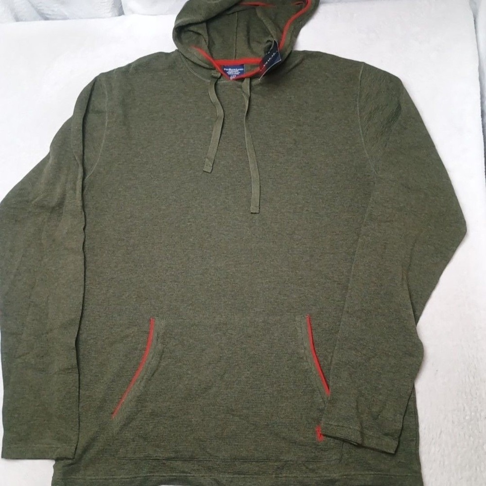 Polo Ralph Lauren Hoodie Mens L Green Pullover Hooded Thermal Sleepwear Waffle